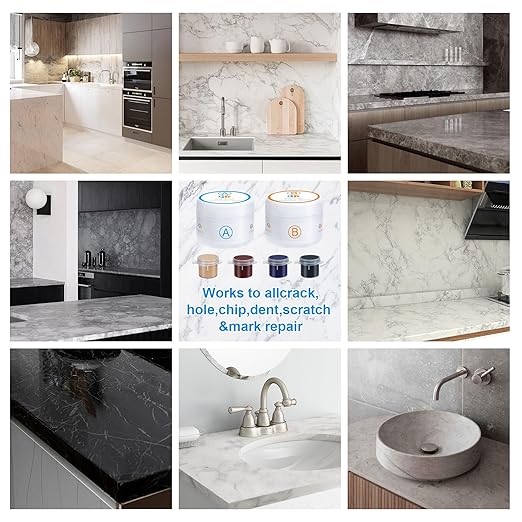 Marble and Granite Repair kit, Quartz Countertop Repair Kit for Chip Dents Cracks Holes Scratchs, Premium Marble Granite Quartz Laminate Formica Travertine Corian Stone Epoxy Filler