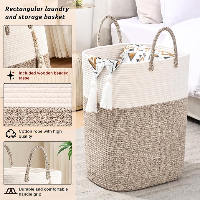 65L Woven Laundry Basket for Clothes, Large Rectangle Laundry Hampers - Image 3