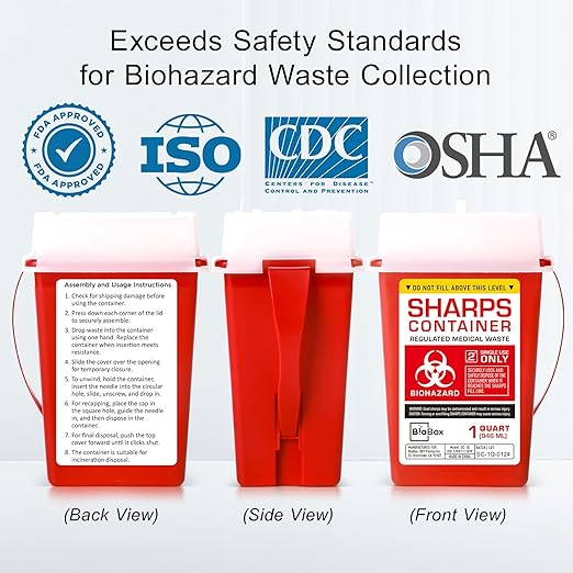Sharps Container Large - Sharps Containers for Home Use and Labs - Portable Needle Disposal and Travel Size Biohazard Bin - 1 Quart (Pack of 3)