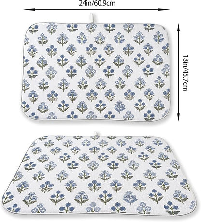 Blue Green Dish Drying Mat 18x24 Inch Vintage Block Print Floral Drying Mat - Image 2