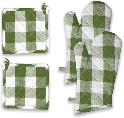 Buffalo Plaid Check Oven Mitts and Pot Holders Set, 100% Cotton, Heat Resistant by SoftopiaCotton