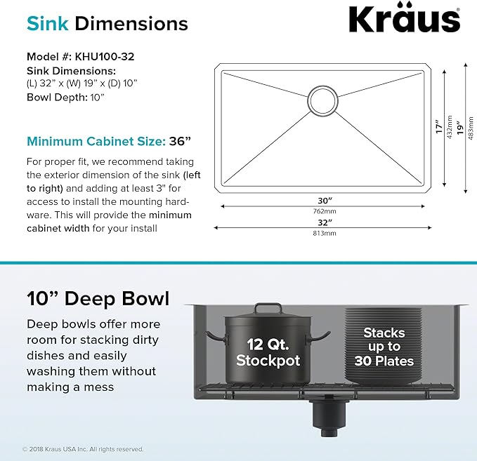 KRAUS Standart PRO™ 32-inch 16 Gauge Undermount Single Bowl Stainless Steel Kitchen Sink with WasteGuard™ Continuous Feed Garbage Disposal, KHU100-32-100-75MB