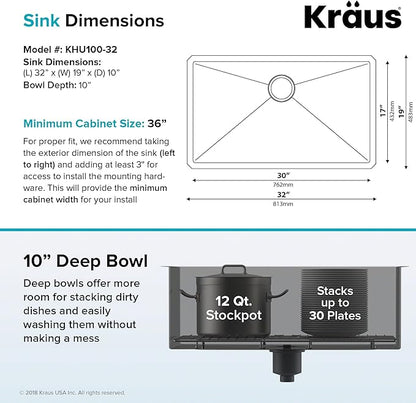 KRAUS Standart PRO™ 32-inch 16 Gauge Undermount Single Bowl Stainless Steel Kitchen Sink with WasteGuard™ Continuous Feed Garbage Disposal, KHU100-32-100-75MB