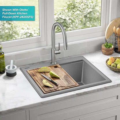 KRAUS Bellucci 25-inch Granite Workstation Drop In Top Mount Single Bowl Kitchen Sink in Metallic Grey with Accessories, KGTW12-25MGR