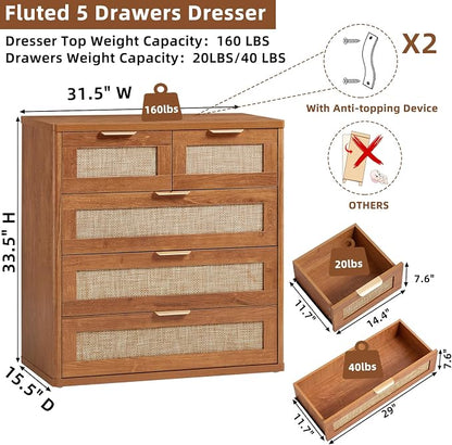 LEYAOYAO Rattan Dresser for Bedroom, 33.5" Tall Chest of Drawers, Modern 5 - Image 3