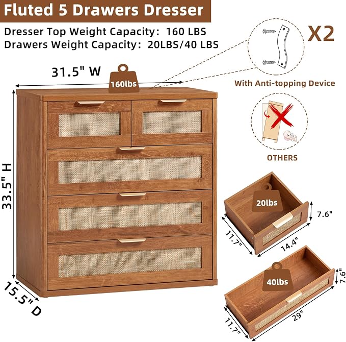LEYAOYAO Rattan Dresser for Bedroom Set of 2, 33.5" Tall Chest of Drawers - Image 2