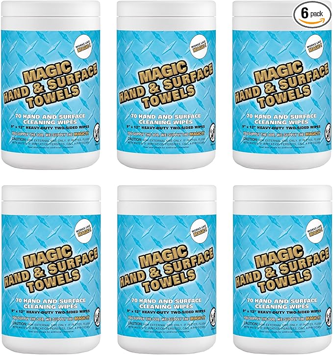 Magic Heavy Duty Cleaning Wipes - Dual Sided Hand & Surface Shop Towels | Professional-grade Cleaning | Waterless | Moisturizing | Cleans Grease, Oil, Dirt, & more (6 Pack | 420 Sheets Total)