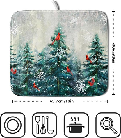 Pine Tree Dish Drying Mat for Kitchen Countertop Red Bird Dishes Mats Winter - Image 2