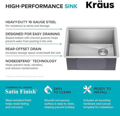 KRAUS Kore 23-Inch Undermount Workstation 16 Gauge Single Bowl Stainless Steel Kitchen Sink with Accessories, KWU111-23