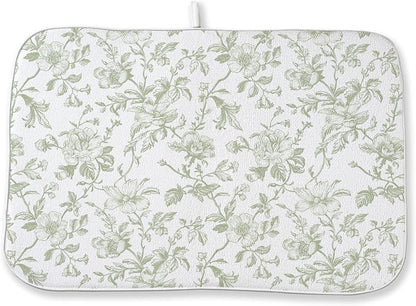 Sage Green Floral Dish Drying Mat 18 x 24 Inch Vintage Light Green Floral by Sorktse