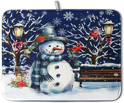 Winter Snowman Dish Drying Mat for Kitchen Counter 18x24, Xmas Snowflakes Dish by Kwlegh
