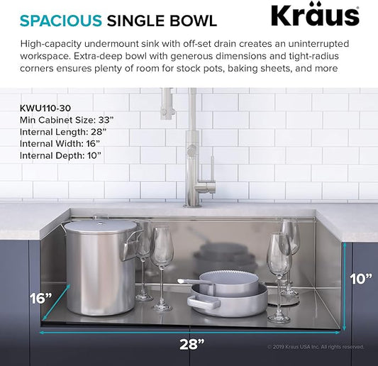 KRAUS Kore Workstation 30-inch Undermount 16 Gauge Stainless Kitchen Sink, Single Bowl Kitchen Sink with 1 HP Garbage Disposal,KWU110-30-100-100MB