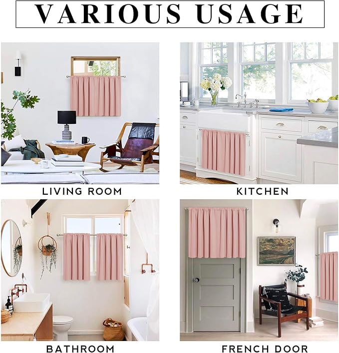 RYB HOME Small Curtains Blackout - Privacy Energy Efficiency Mini Curtains for Kids Bedroom RV Camper Windows Trailer Bathroom Kitchen Cabinet Window Tiers, W 29 x L 36, Peach Blush, 2 Panels
