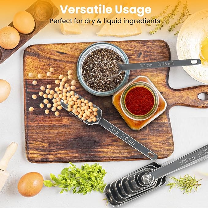 Stainless Steel Measuring Spoons Set of 8, Rectangular Metal Measuring Spoons with Leveler, Compact Spoons Design for Narrow Spice Jars, Teaspoon & Tablespoon Spoons for Dry & Liquid Ingredients
