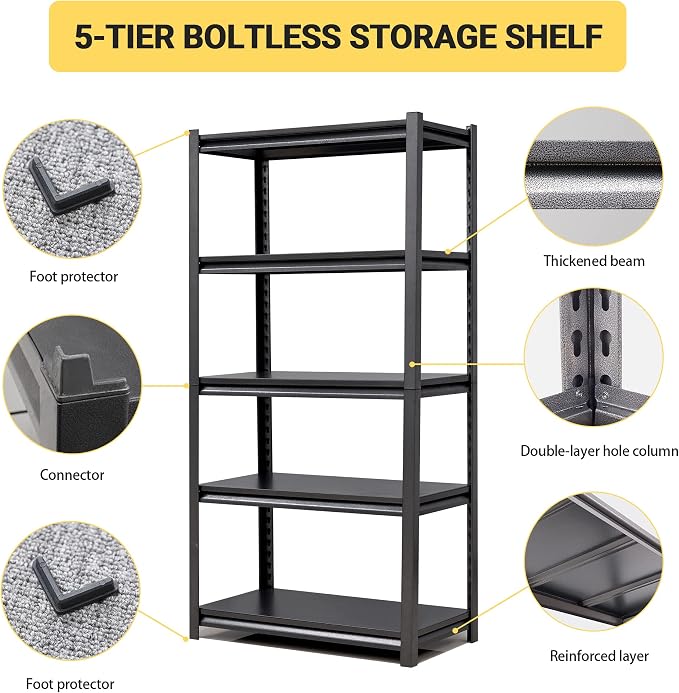 63" H Heavy Duty Garage Shelving, Metal Storage Shelves, Adjustable 5 Tier - Image 4