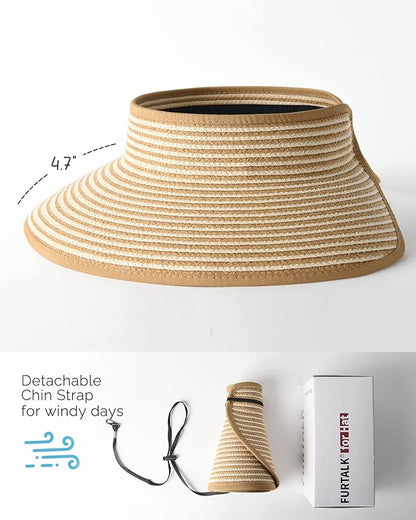 FURTALK Sun Hats for Women Wide Brim Beach Hat Straw Visor Ponytail Summer UV Packable Foldable Beach Vacation Essentials