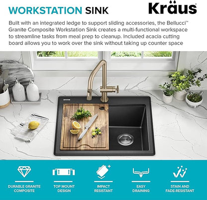 KRAUS Bellucci 25-inch Granite Workstation Drop In Top Mount Single Bowl Kitchen Sink in Metallic Black with Accessories, KGTW12-25MBL
