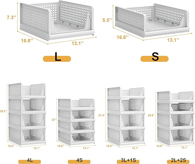 Proarea 4 Pack Stackable Plastic Storage Basket Closet Organizer Bin Foldable Clothes Organizer Storage Drawer Shelf Container for Living Room Bathroom Kitchen Office (4S)