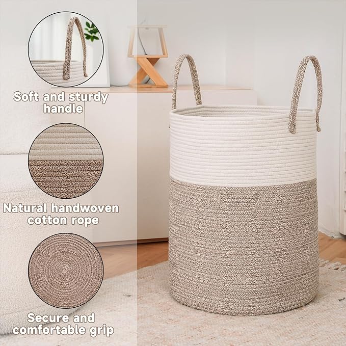 Large Woven Laundry Basket Hamper, 80L Cotton Rope Storage Bin - Image 6