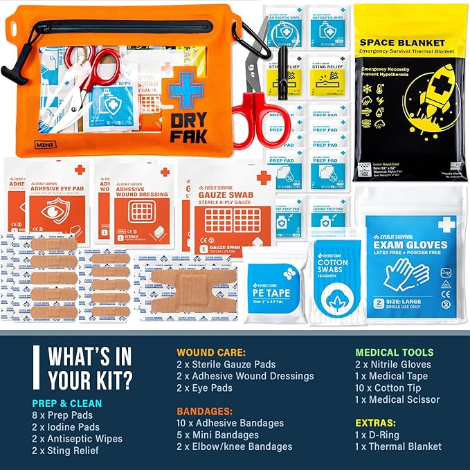 EVERLIT Ultralight Waterproof First Aid Kit, Boat First Aid Kit, Marine Medical Kit for Boating, Kayak, Backpacking, Hiking, Camping, Emergency Kit (Orange)