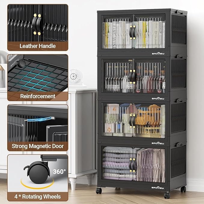 BROVIEW 400Qt Stackable Storage Bins with Lid, Extra Large Closet Organizer Collapsible Drawer Boxes with Wheels, Folding Plastic Cabinet Containers for Home Kitchen Room Organization, 5Pack Black