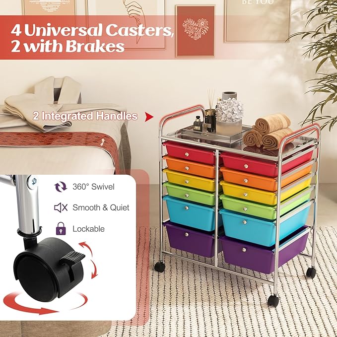 GOFLAME 12-Drawer Rolling Storage Cart, Multipurpose Organizer Cart with 2 Sizes Plastic Drawers, Mobile Utility Cart with Lockable Casters for School, Home Office, Beauty Salon, Multicolored