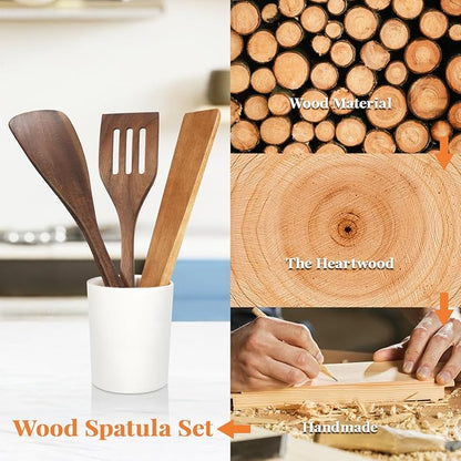 3Pcs Wooden Spatulas, Acacia Wood 12inch Long Handle Flat Frying Turner - Image 5