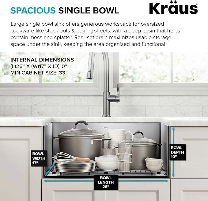 KRAUS Standart PRO 28-inch 16 Gauge Undermount Single Bowl Stainless Steel Kitchen Sink, KHU100-28
