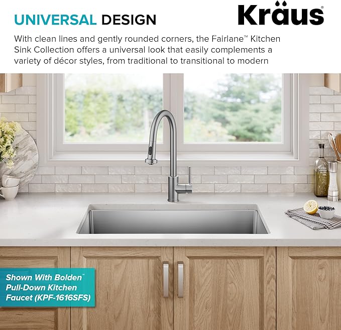 KRAUS Fairlane 33-inch Undermount Single Bowl 18-Gauge Stainless Steel Kitchen Sink, KHU640-33