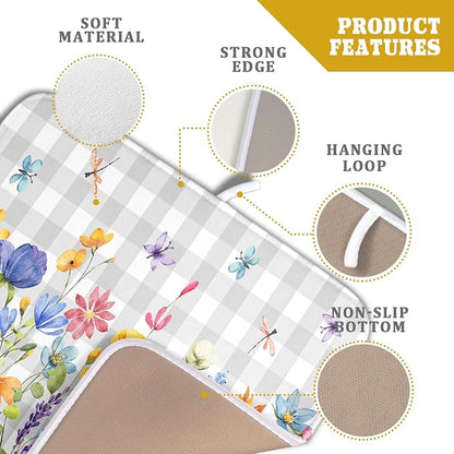 Giwawa Spring Floral Dish Drying Mat, Summer Flower Grey Buffalo Plaids Dish - Image 4