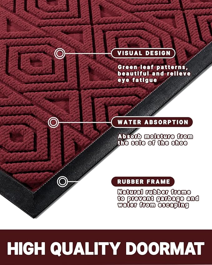 Yimobra Door Mat, Outdoor Indoor Entrance Welcome Mat, Heavy Entry Front Door Mat, Stain & Fade Resistant, Low Profile, Sturdy Rubber, Easy Clean Patio Floor Mat, Waterproof, 36 x 24, Wine Red