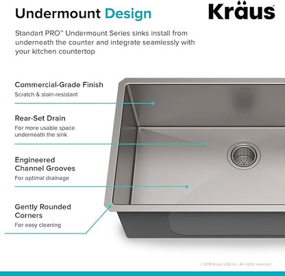 KRAUS Standart PRO™ 32-inch 16 Gauge Undermount Single Bowl Stainless Steel Kitchen Sink with WasteGuard™ Continuous Feed Garbage Disposal, KHU100-32-100-75MB