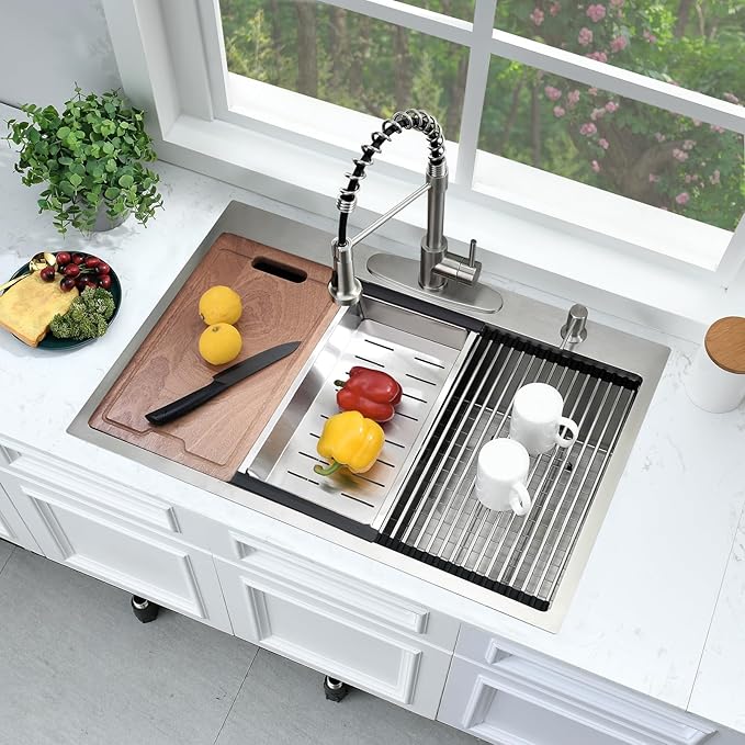 33x19 Drop In Kitchen Sink Workstation-Bokaiya Stainless Steel Kitchen Sinks Drop In 33 Inch Deep Workstation Top Mount 16 Gauge Single Bowl Drop In Sink Kitchen with Cutting Board