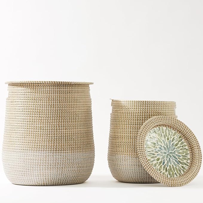 Round Seagrass Laundry Hamper with Lid, 2-Piece Set - Eco-Friendly Storage Basket for Clothes, Toys, and More - Natural Woven Design for Home, Bedroom, Bathroom