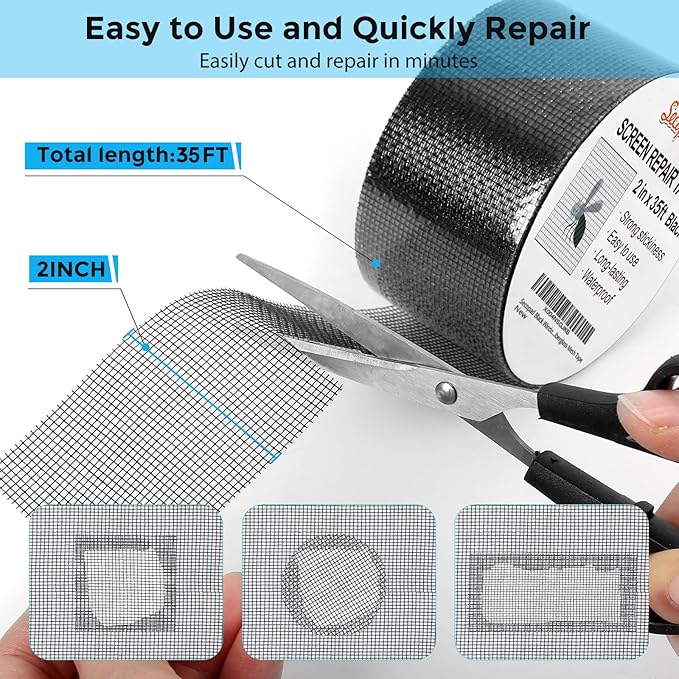 Black Window Screen Repair Tape, 2IN X 35FT (420IN) Screen Repair Kit for Windows or Doors, Strong Adhesive Patch Kit Fiberglass Mesh Tape