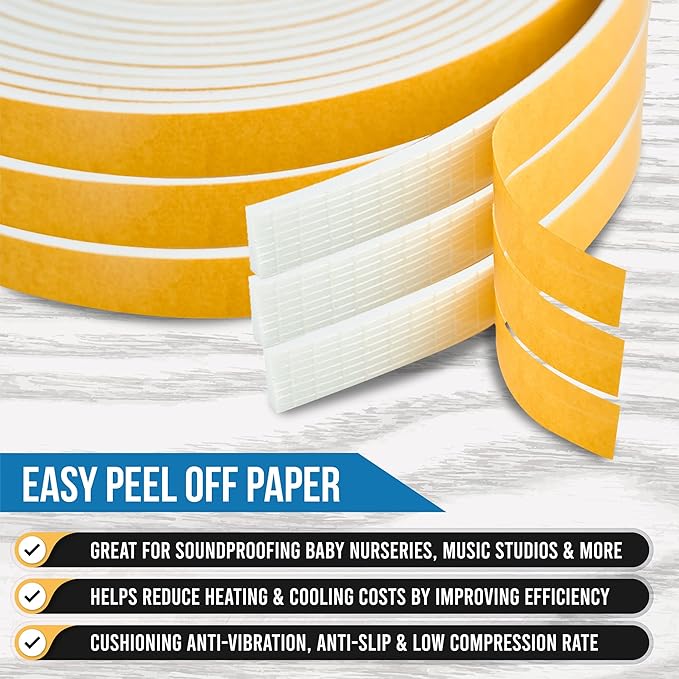 High Density Foam Weather Stripping Door Seal Strip Insulation Tape Roll for Insulating Door Frame, Window, Air Conditioner | Self Adhesive Sealing Weatherstrip (White, 1/4 in 1/8 in 50 Ft)
