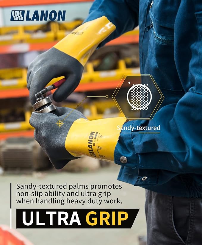 LANON PVC Chemical Gloves, Thick Rubber Work Gloves, Heavy-Duty, EN 374/388 - Image 4