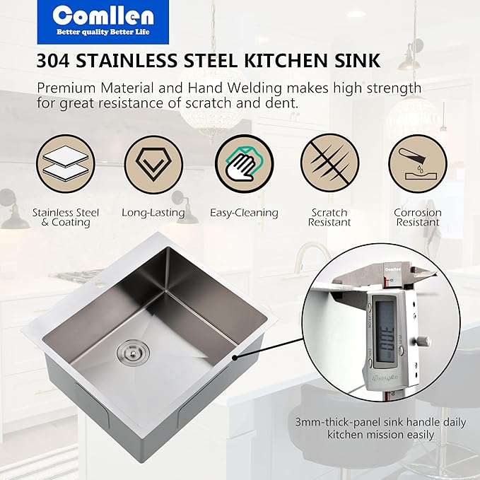 Comllen 25 x 22 Inch Drop In Kitchen Sink, Brushed Nickel Topmount 16 Gauge Stainless Steel Kitchen Sinks, 9 Inch Deep Utility RV Sink with Dish Grid and Basket Strainer