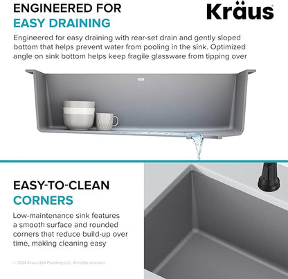 KRAUS Forteza 32-inch Undermount Single Bowl Granite Kitchen Sink in Grey, KGU-55GREY