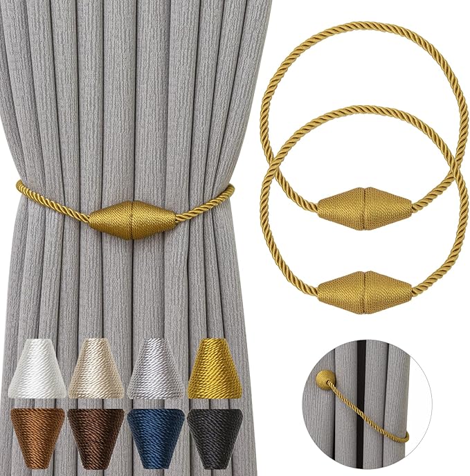 Magnetic Curtain Tiebacks 2 Pack Outdoor Rope Curtain Tie Backs Decorative Window Treatment Holdbacks for Home Decorative Curtain, Gold