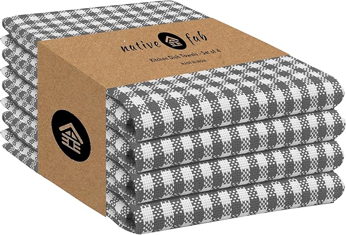 Native Fab 4 Pack Gingham Plaid Kitchen Towels 16"x26" - 100% Cotton Absorbent Washable Tea Towels, Kitchen Cloths, Restaurant Grade Dish Towel with Hanging Loop, Grey White
