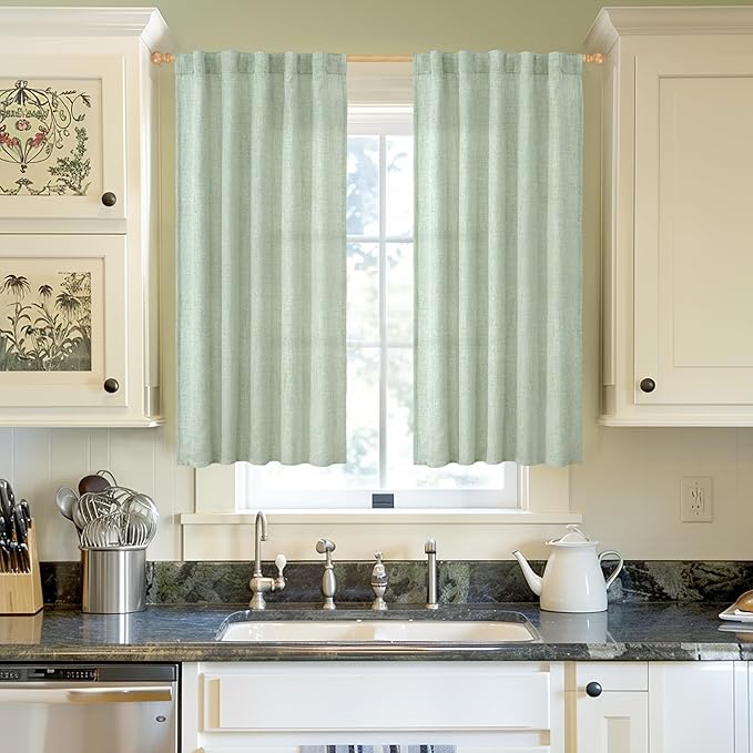 YoungsTex Sage Green Curtains 54 Inch Length for Kitchen, Light Filtering Semi Sheer Linen Window Drapes Rod Pocket Back Tab for Short Living Room Cafe, 2 Panels, 42 X 54 Inch