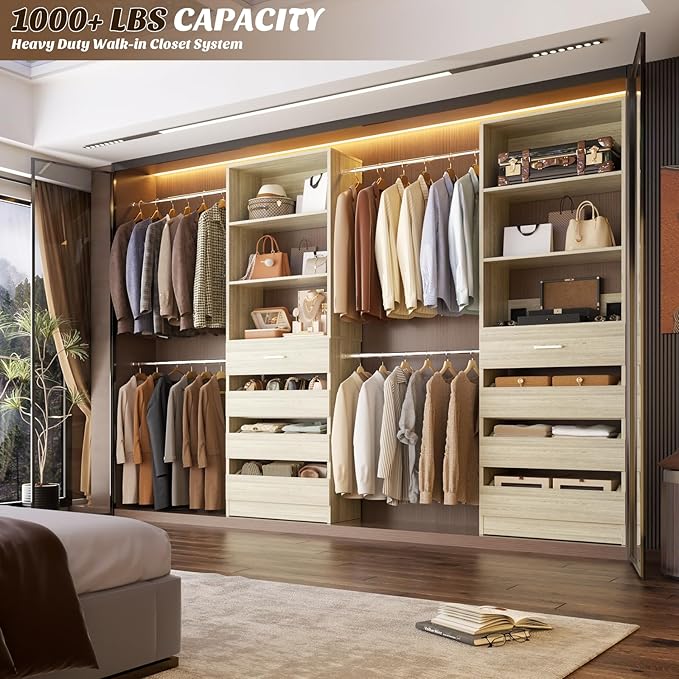 Aheaplus Closet System, 4-9Ft Closet Organizer with 4 Wooden Drawers, Wood Closet Organizer System with Tower, Walk-in Closet Organizer Wardrobe Garment Clothes Rack with 4 Hanging Rods, 2White Oak