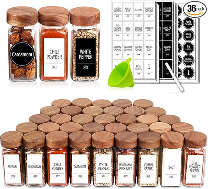Churboro 36 Glass Spice Jars - 4 Oz Square Spice Containers with Acacia Wood by Churboro