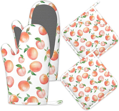 Watercolor Peaches Oven Mitts and Pot Holders Sets, Silicone Kitchen Mitts by Unknown