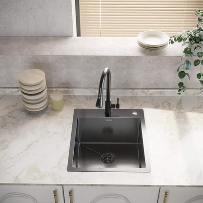 TORVA 18 x 18 Inch Gloss Black Drop-in Topmount Kitchen Sink - 16 Gauge Stainless Steel, PVD Coated Gunmetal Finish, NanoTek Single Bowl 9-Inch Deep Bar/Prep Basin, Dark Gray