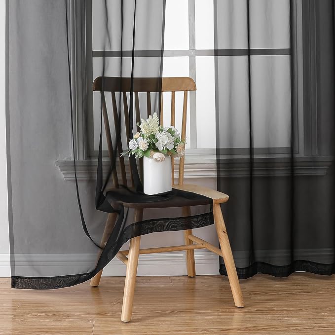 Chyhomenyc Black Sheer Curtain 72 Inches Length 2 Panels, Voile Top Dual Rod - Image 4