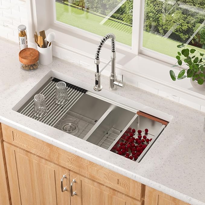 Lordear 36 Inch Undermount Kitchen Sink Double Bowl Stainless Steel Kitchen Sinks 50/50 Low Divided 16 Gauge Undermount Sink 36x19x10 Inch Handmade
