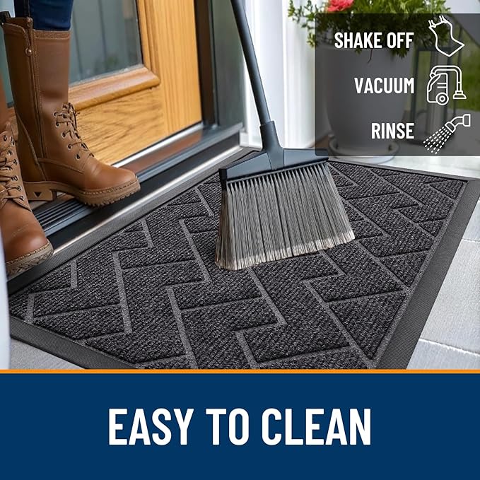 OLANLY Front Door Mat Indoor Outdoor Entrance, Waterproof All-Season, All-Weather Doormat, Sturdy Natural Rubber, Low Profile, Easy Clean Patio Porch Entryway Mat, Herringbone Brick (Grey, 59x35)