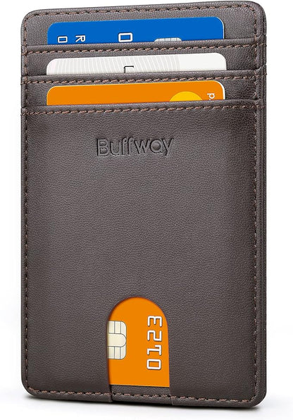 Buffway Mens Slim Wallet, Minimalist Thin Front Pocket Leather Credit Card Holder with RFID Blocking for Work Travel